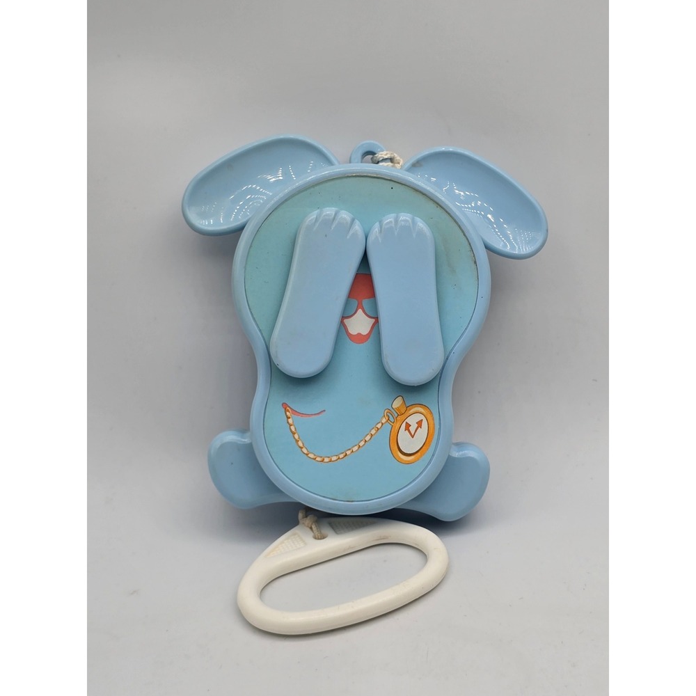 Vintage TOMY Peek-a-Boo Bunny Pull String Musical Baby Lullaby Crib Toy Blue 80s